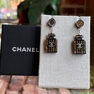CHANEL CC Perfume Bottle Crystal Embellished Resin Drop Earrings